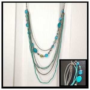Turquoise and silver necklace multiple strands beaded necklace